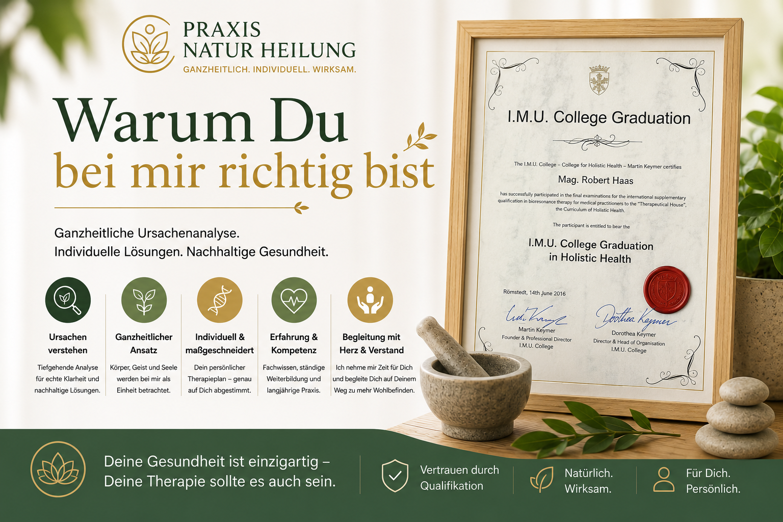 Warum Du bei Praxis Natur Heilung richtig bist – ganzheitliche Ursachenanalyse, individuelle Therapie und fundierte Qualifikation durch das I.M.U. College.