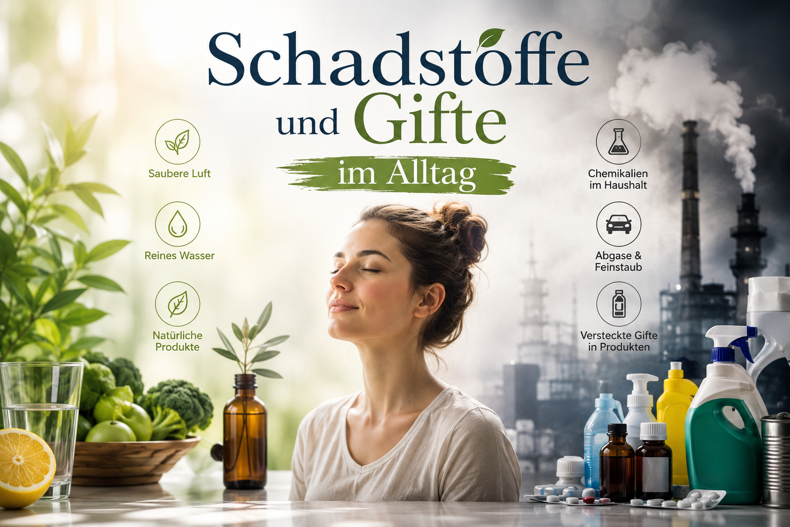 Frau zwischen natürlichen Lebensmitteln und alltäglichen Schadstoffquellen als Symbol für Schadstoffe und Gifte im Alltag sowie deren Einfluss auf die Gesundheit.