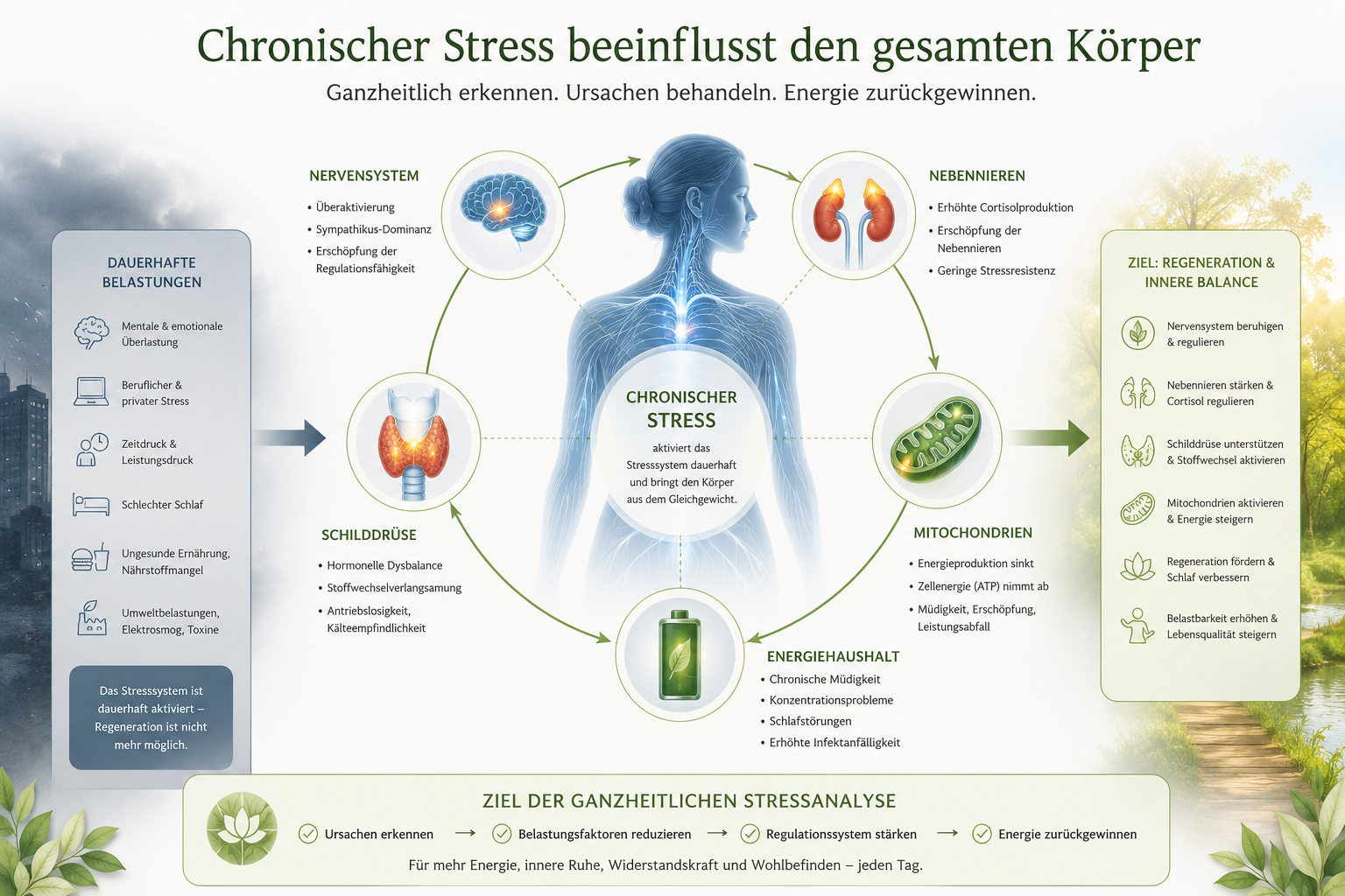 Infografik über chronischen Stress abbauen mit Darstellung der Auswirkungen auf Nervensystem, Nebennieren, Schilddrüse, Mitochondrien und Energiehaushalt sowie den Zielen einer ganzheitlichen Stressanalyse.