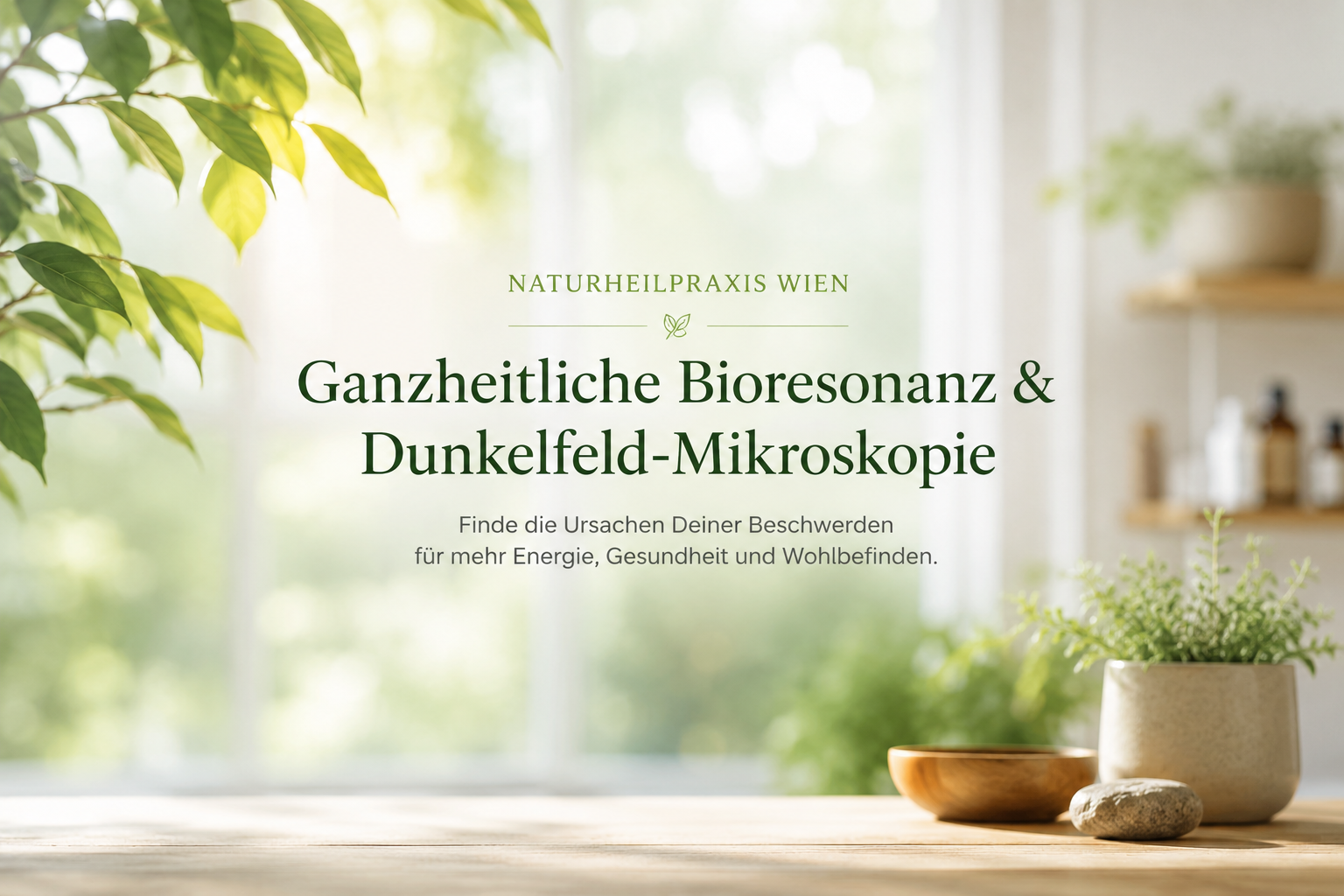 Heller, natürlicher Praxisraum mit grünen Pflanzen als Hintergrund für eine ganzheitliche Naturheilpraxis mit Bioresonanz und Dunkelfeld-Mikroskopie in Wien.